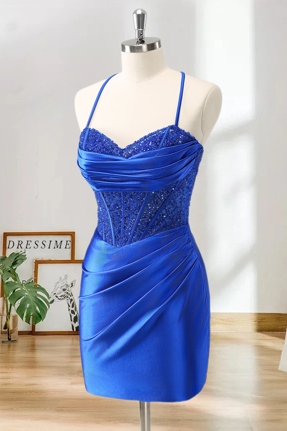 Dressime Bodycon Spaghetti Straps Satin Corset Short/Mini Homecoming Dress with Beaded dressime