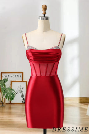 Dressime Bodycon Spaghetti Straps Satin Corset Short/Mini Homecoming Dress with Beading dressime