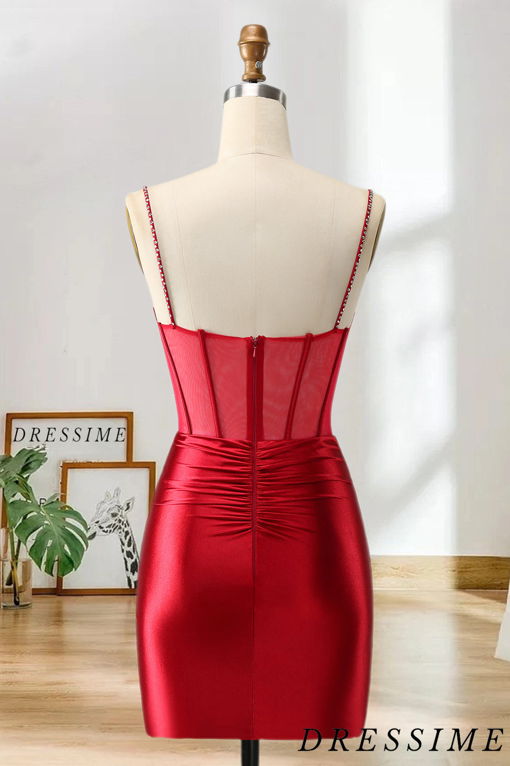 Dressime Bodycon Spaghetti Straps Satin Corset Short/Mini Homecoming Dress with Beading dressime