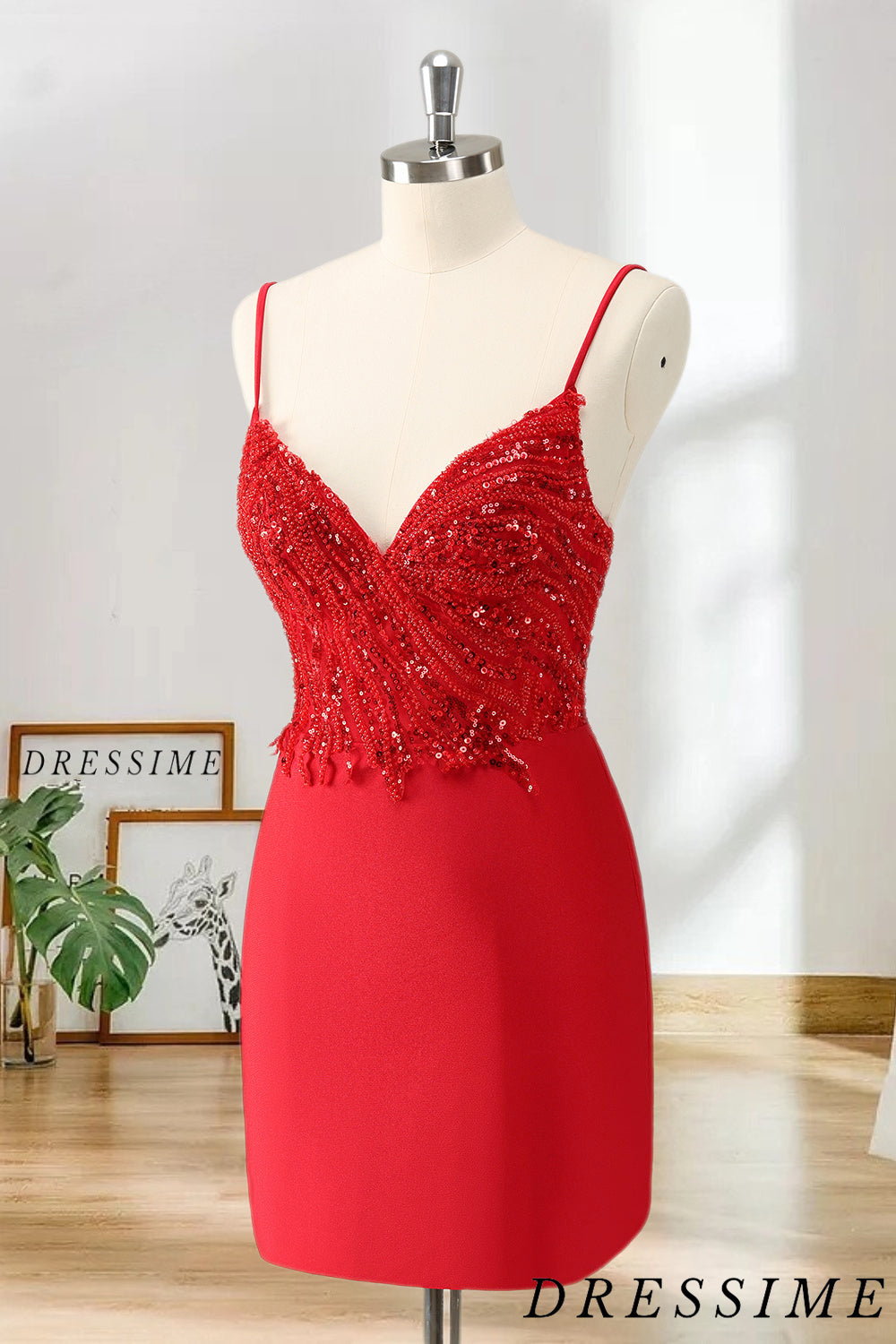 Dressime Bodycon Spaghetti Straps Satin Short/Mini Homecoming Dress with Sequins dressime