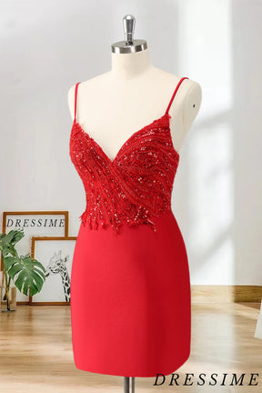 Dressime Bodycon Spaghetti Straps Satin Short/Mini Homecoming Dress with Sequins dressime