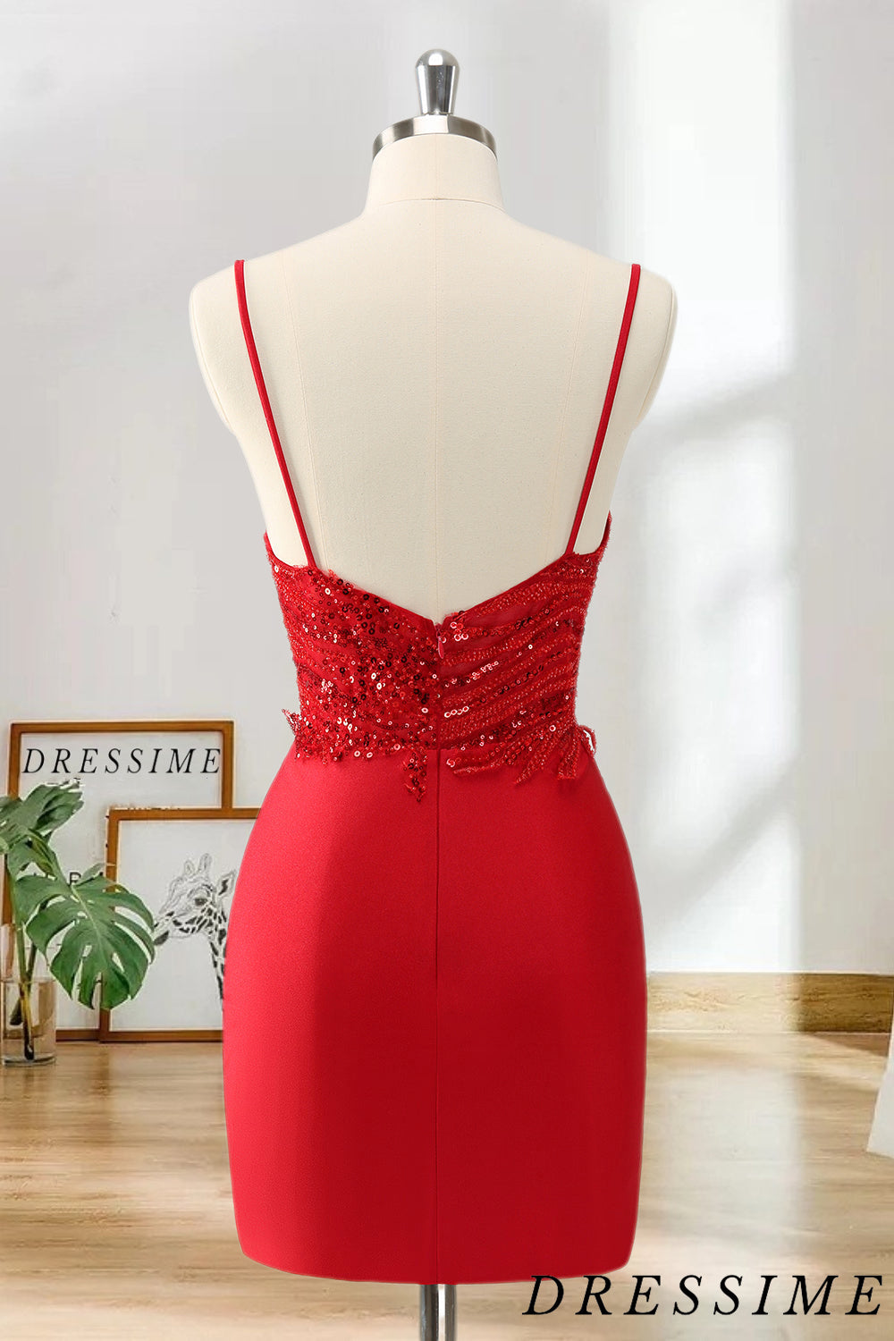 Dressime Bodycon Spaghetti Straps Satin Short/Mini Homecoming Dress with Sequins dressime