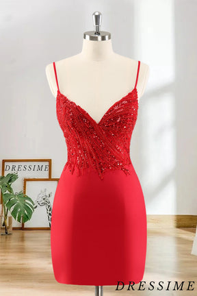 Dressime Bodycon Spaghetti Straps Satin Short/Mini Homecoming Dress with Sequins dressime