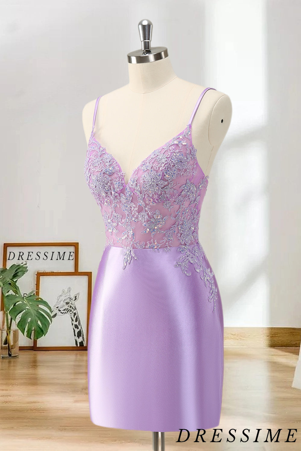 Dressime Bodycon Spaghetti Straps Satin Short/MiniHomecoming Dress with Sequins dressime