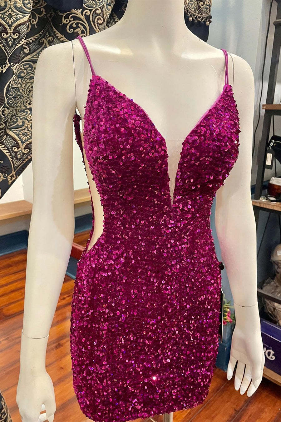 dressimeBodycon Spaghetti Straps Sequin Short Prom Homecoming Dress 