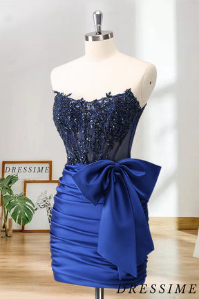 Dressime Bodycon Strapless Satin Tight Short/Mini Homecoming Dress With Beaded Appliques dressime