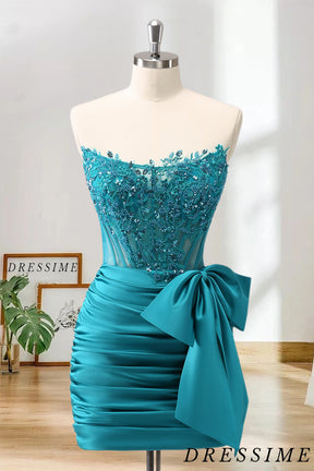 Dressime Bodycon Strapless Satin Tight Short/Mini Homecoming Dress With Beaded Appliques dressime