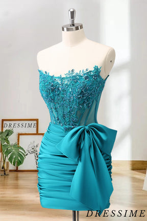 Dressime Bodycon Strapless Satin Tight Short/Mini Homecoming Dress With Beaded Appliques dressime