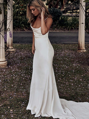 Dressime Boho Romantic Spaghetti Straps Backless Ivory Satin Beach Wedding Dress Sweep Train dressime