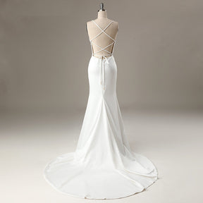 dressimeBoho Romantic Spaghetti Straps Backless Ivory Satin Beach Wedding Dress Sweep Train 