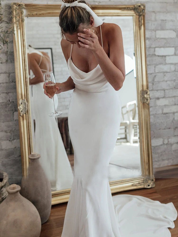 Dressime Boho Romantic Spaghetti Straps Backless Ivory Satin Beach Wedding Dress Sweep Train dressime