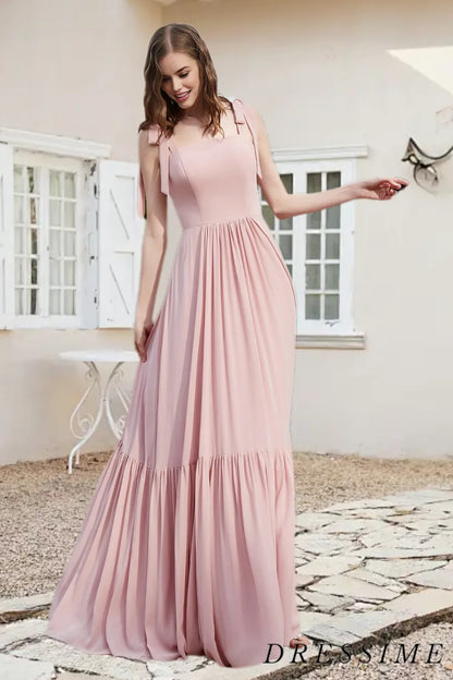 Dressime Casual A Line Straps Chiffon Ruffled Long Bridesmaid Dress With Slit dressime