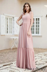 Dressime Casual A Line Straps Chiffon Ruffled Long Bridesmaid Dress With Slit dressime