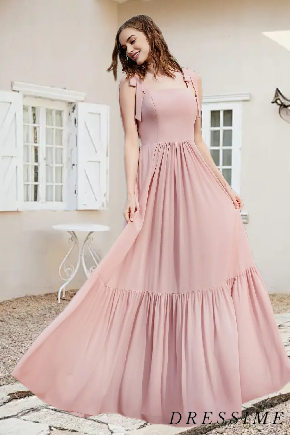 Dressime Casual A Line Straps Chiffon Ruffled Long Bridesmaid Dress With Slit dressime