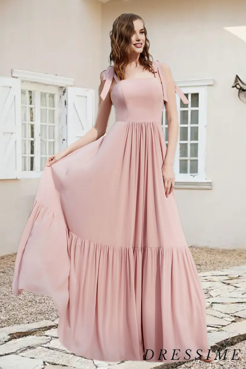 Dressime Casual A Line Straps Chiffon Ruffled Long Bridesmaid Dress With Slit dressime