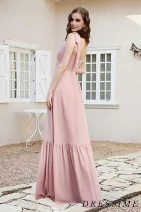 Dressime Casual A Line Straps Chiffon Ruffled Long Bridesmaid Dress With Slit dressime