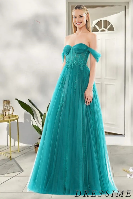 Dressime Charming A Line Off the Shoulder Tulle Long Prom Dress With Appliques dressime