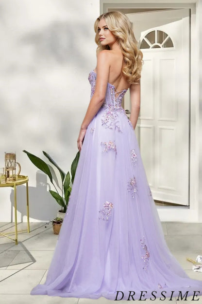 Dressime Charming A Line Sweetheart Tulle Slit Long Prom Dress With Appliques dressime