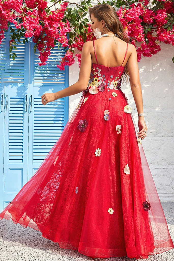 dressimeCharming A Line Tulle Floor Length Prom Dresses with Appliques Long Evening Dresses 