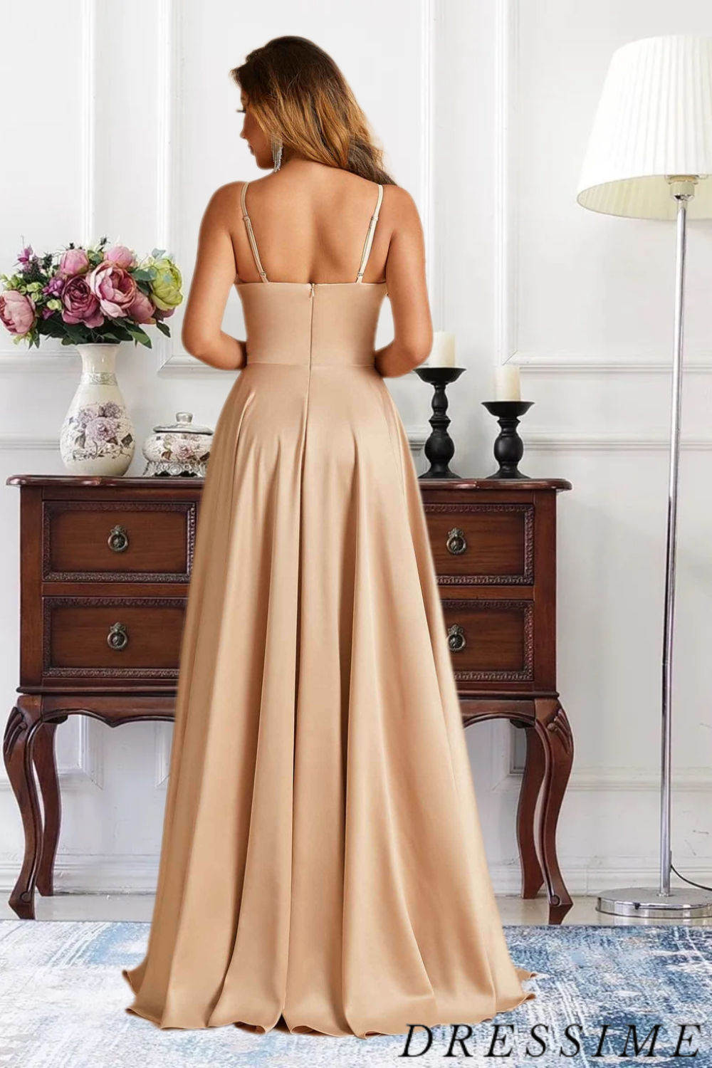 Dressime Charming A Line V Neck Satin Floor Length Bridesmaid Dress With Slit dressime