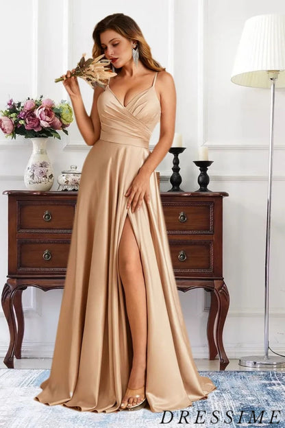 Dressime Charming A Line V Neck Satin Floor Length Bridesmaid Dress With Slit dressime