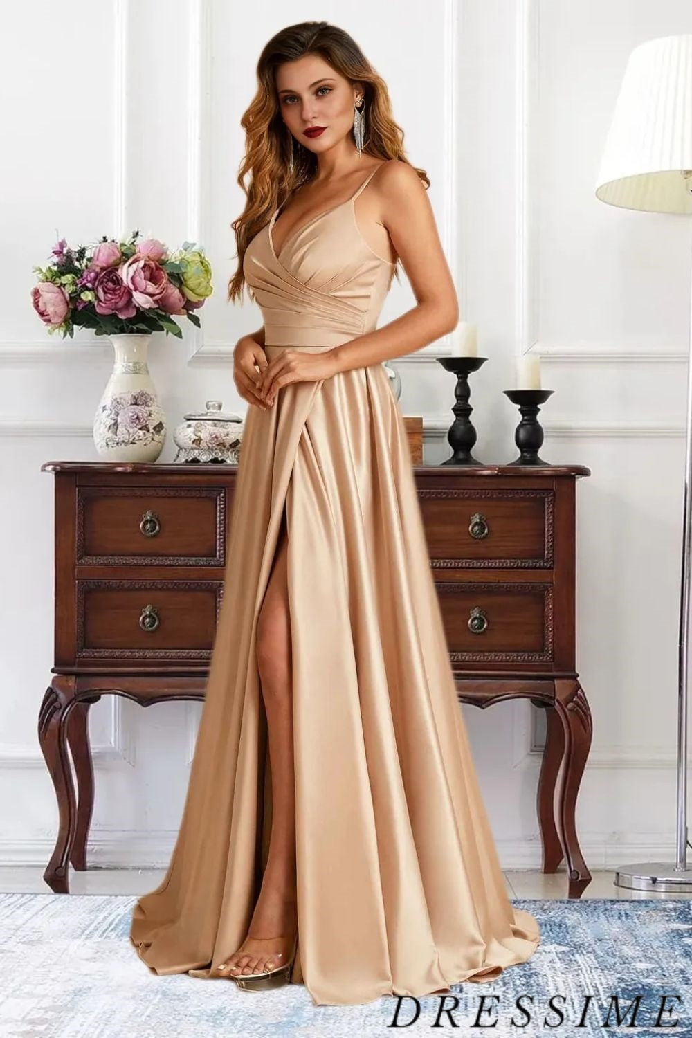 Dressime Charming A Line V Neck Satin Floor Length Bridesmaid Dress With Slit dressime