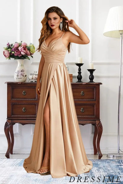 Dressime Charming A Line V Neck Satin Floor Length Bridesmaid Dress With Slit dressime