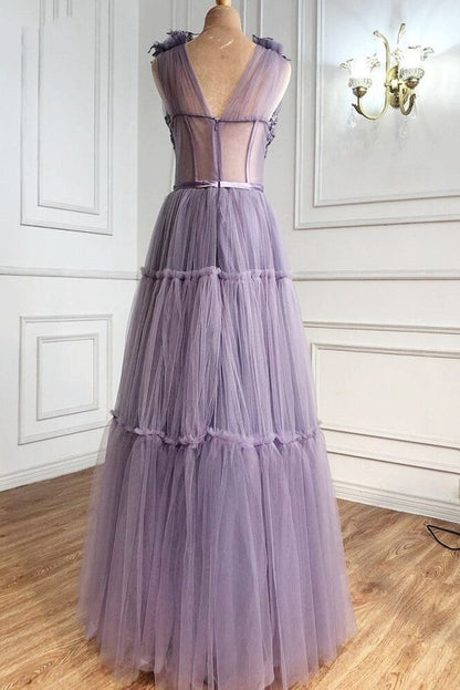 dressimeCharming A Line V Neck Tulle Appliques Floral Evening Long Prom Dresses 