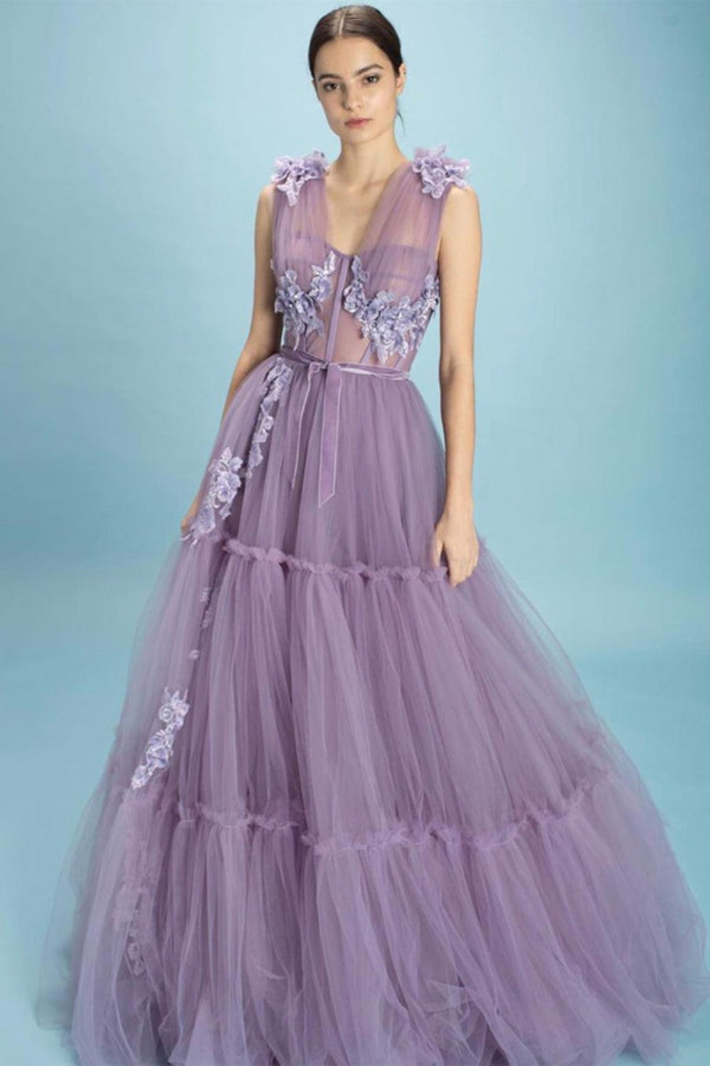 dressimeCharming A Line V Neck Tulle Appliques Floral Evening Long Prom Dresses 