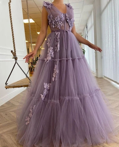 dressimeCharming A Line V Neck Tulle Appliques Floral Evening Long Prom Dresses 