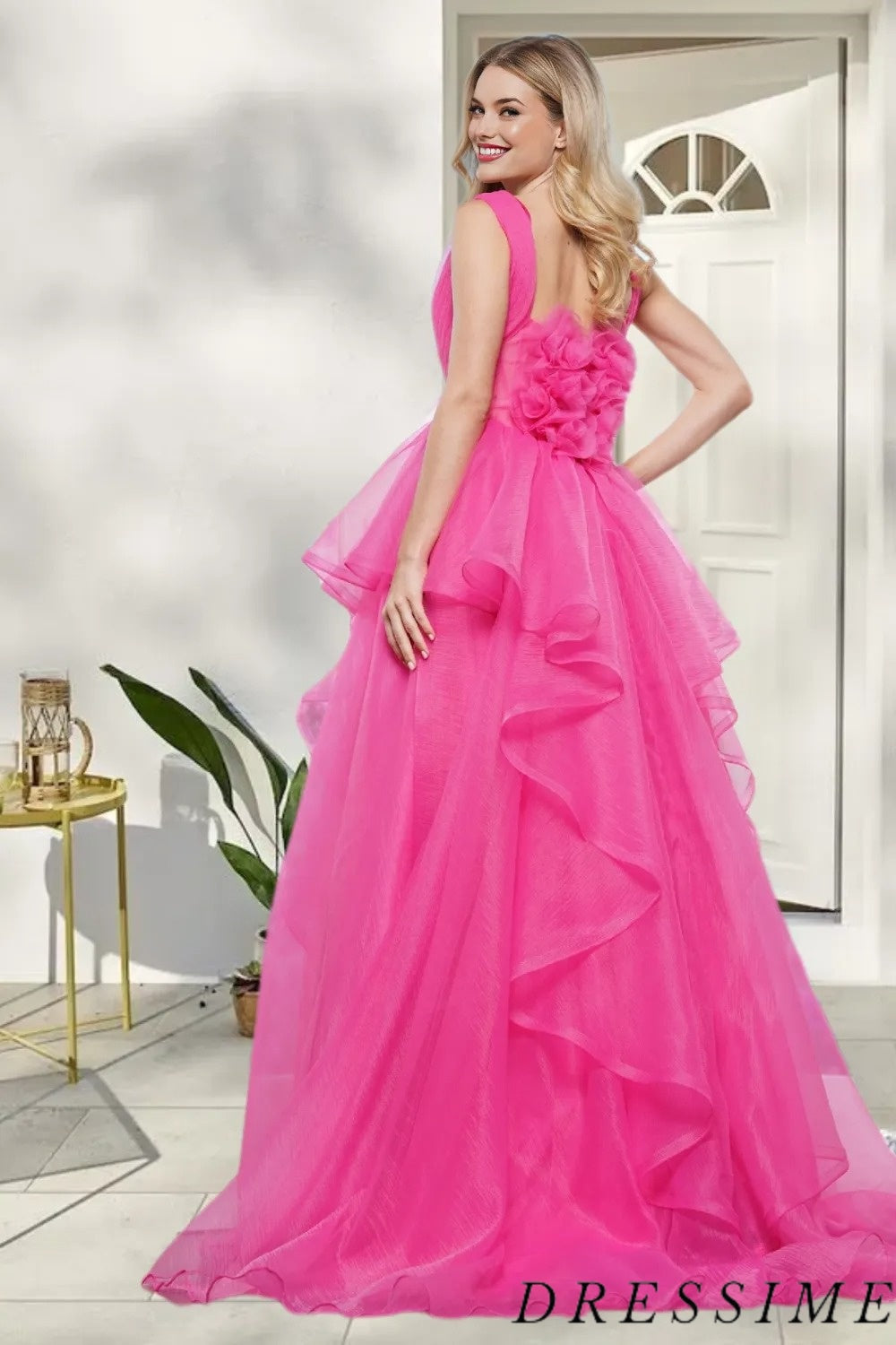 Dressime Charming A Line V Neck Tulle Tiered Prom Dress With Piping dressime