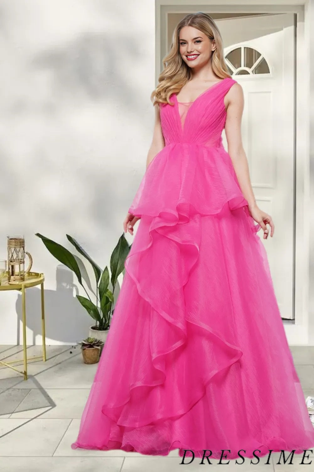 Dressime Charming A Line V Neck Tulle Tiered Prom Dress With Piping dressime