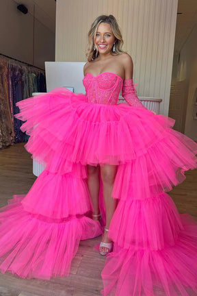 Dressime Charming A-line Sweetheart Tulle High Low Appliques Tiered Prom Dresses dressime