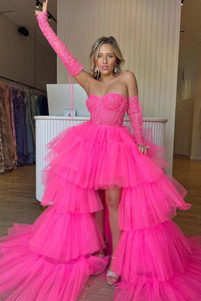 Dressime Charming A-line Sweetheart Tulle High Low Appliques Tiered Prom Dresses dressime