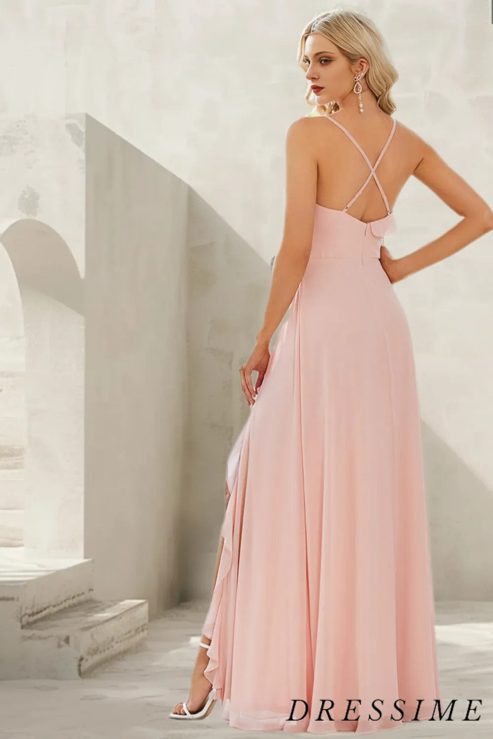 Dressime Charming Long Light Pink Floor Lenght Open Back Elegant Bridesmaid Dresss dressime