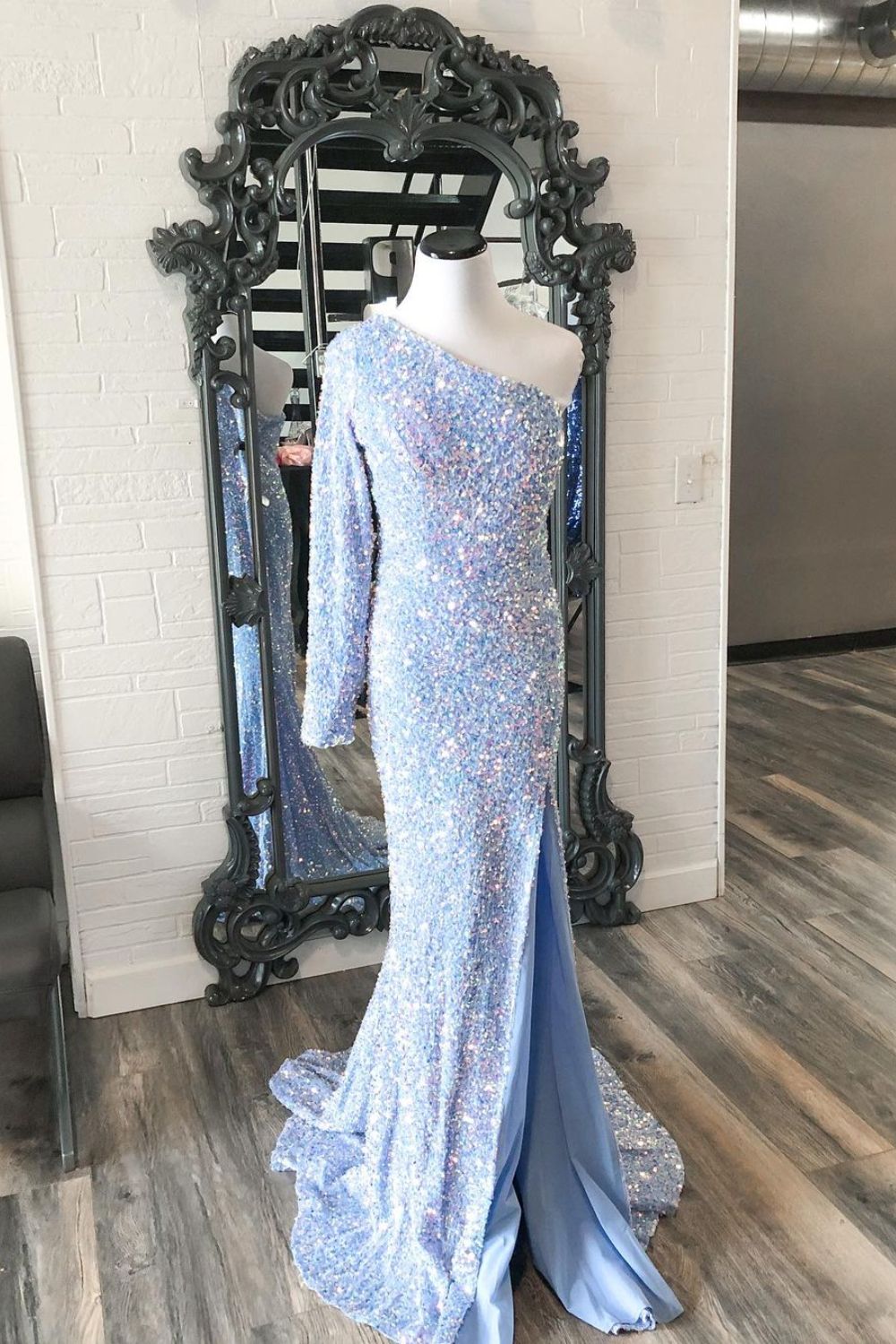 Dressime Charming One Shoulder Long Simple Cheap Sequin Mermaid Prom Dresses Evening Dresses dressime