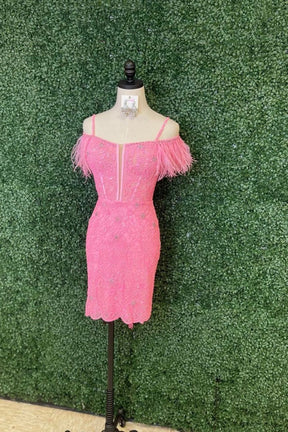 Dressime Charming Sheath Spaghetti Straps Pink Short Beaded Feather Homecoming Dresses dressime