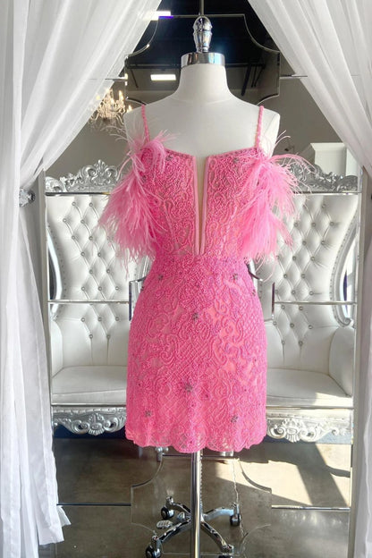 Dressime Charming Sheath Spaghetti Straps Pink Short Beaded Feather Homecoming Dresses dressime