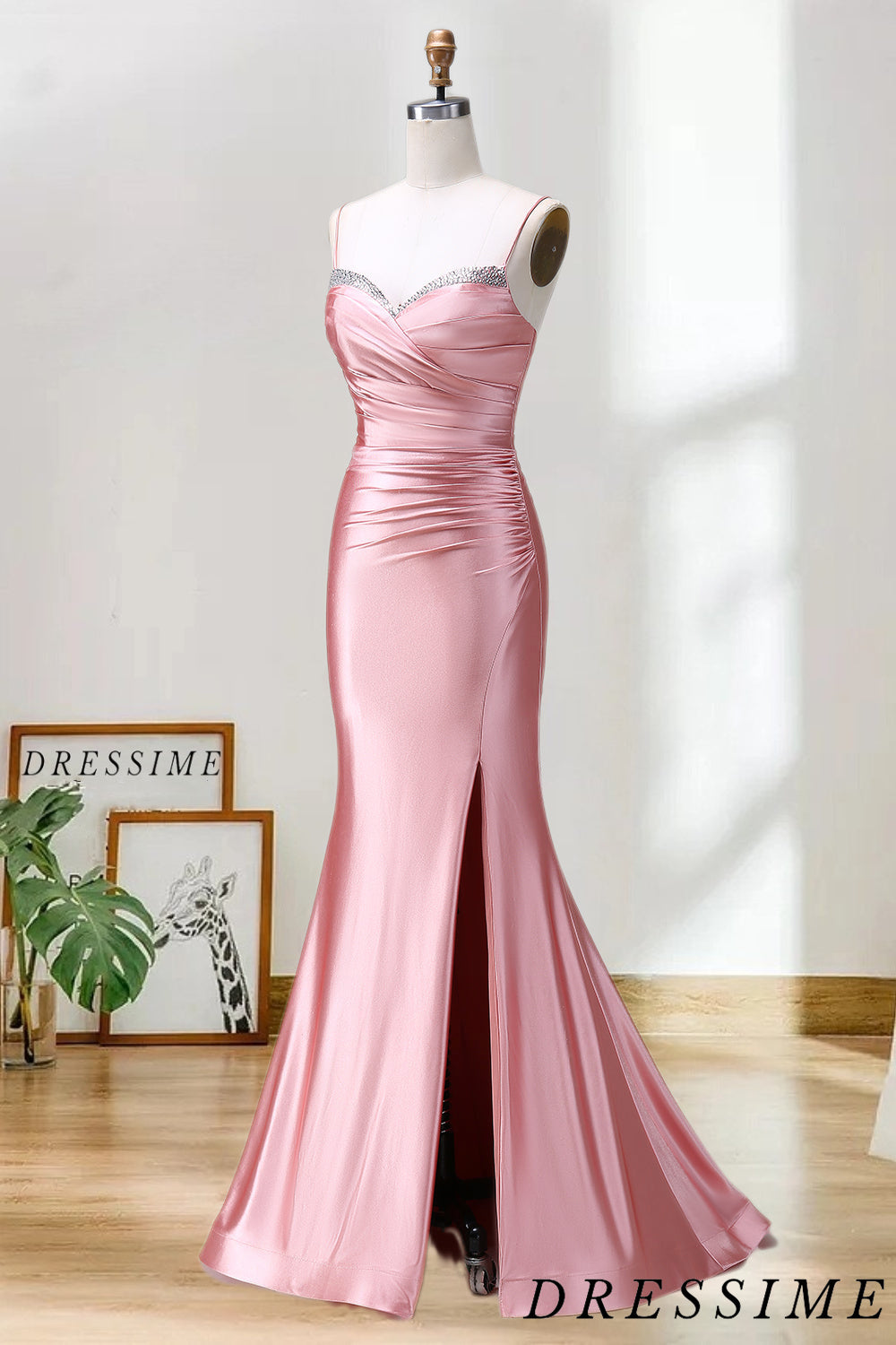 Dressime Cheap Mermaid Spaghetti Straps Satin Long Prom Dress With Slit dressime