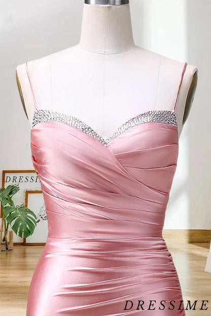 Dressime Cheap Mermaid Spaghetti Straps Satin Long Prom Dress With Slit dressime