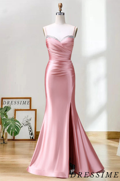 Dressime Cheap Mermaid Spaghetti Straps Satin Long Prom Dress With Slit dressime