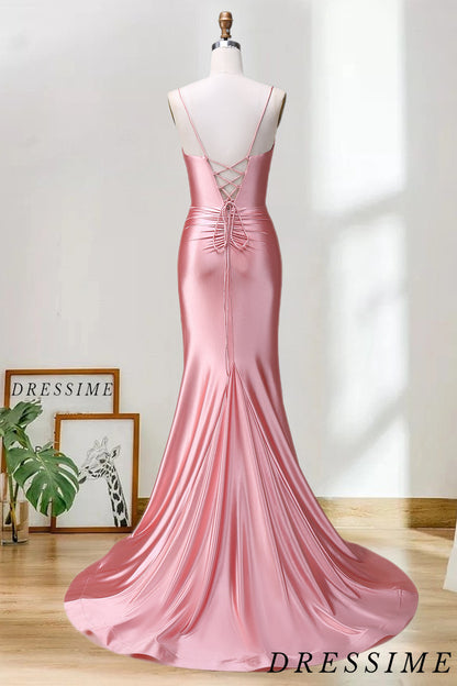 Dressime Cheap Mermaid Spaghetti Straps Satin Long Prom Dress With Slit dressime