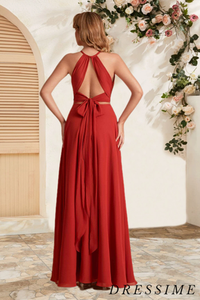 Dressime Chic A Line Halter Chiffon Floor Length Bridesmaid Dress With Slit dressime