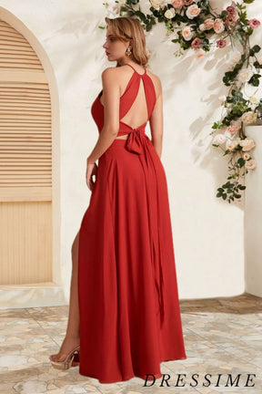 Dressime Chic A Line Halter Chiffon Floor Length Bridesmaid Dress With Slit dressime