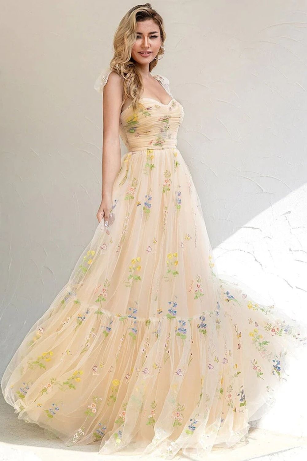 Dressime Chic A Line Spaghetti Straps Floral Long Prom Dress with Appliques dressime