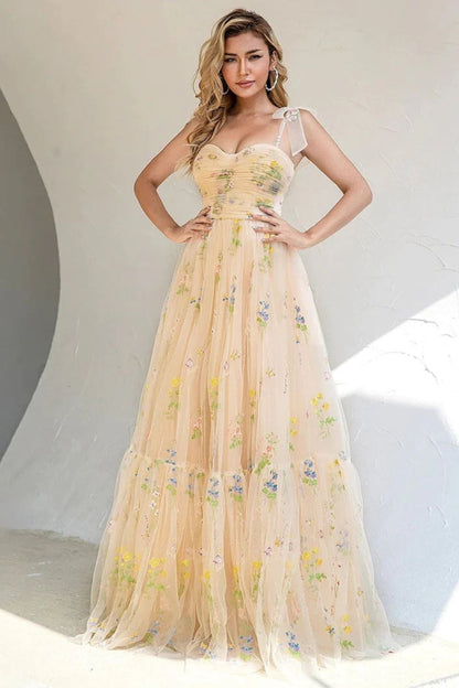 Dressime Chic A Line Spaghetti Straps Floral Long Prom Dress with Appliques dressime