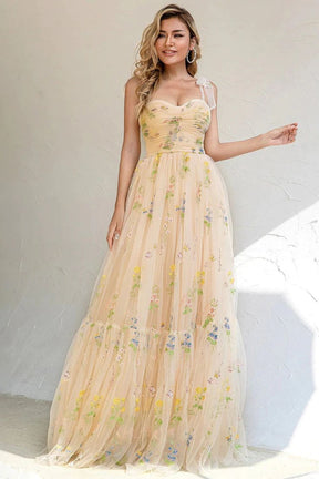 Dressime Chic A Line Spaghetti Straps Floral Long Prom Dress with Appliques dressime