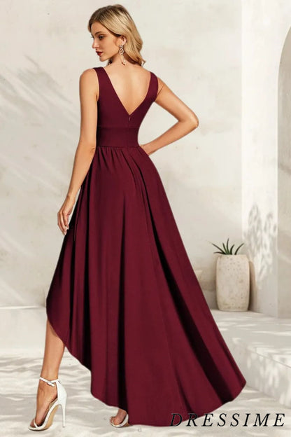 Dressime Chic Burgundy Deep V Neck Bridesmaid Dress A Line Sleeveless Backless Dresses dressime