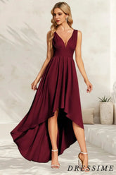 Dressime Chic Burgundy Deep V Neck Bridesmaid Dress A Line Sleeveless Backless Dresses dressime