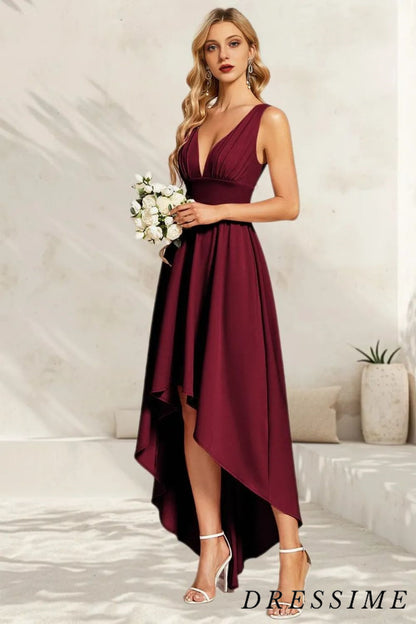 Dressime Chic Burgundy Deep V Neck Bridesmaid Dress A Line Sleeveless Backless Dresses dressime